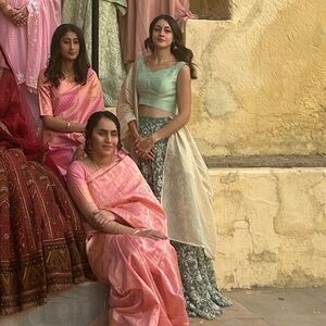 Women's Choli and Lehenga Set in Mint/Teal with muted gold dupatta